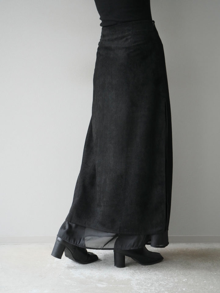 [予約]サイドスリットスウェードドッキングシフォンスカート/ブラック