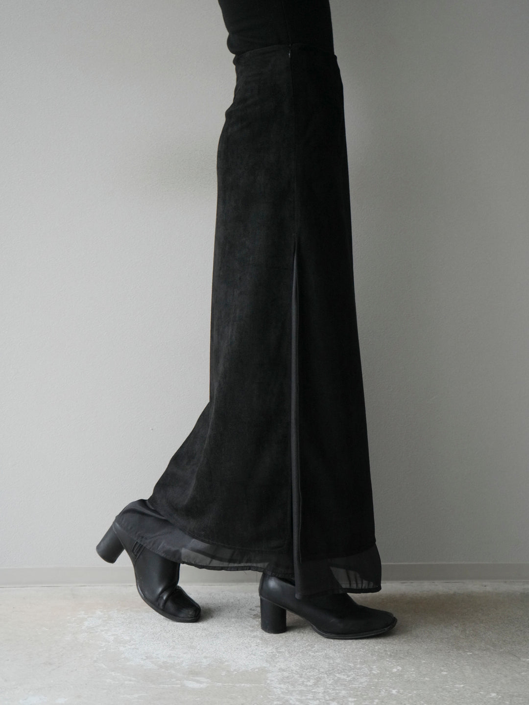 [予約]サイドスリットスウェードドッキングシフォンスカート/ブラック