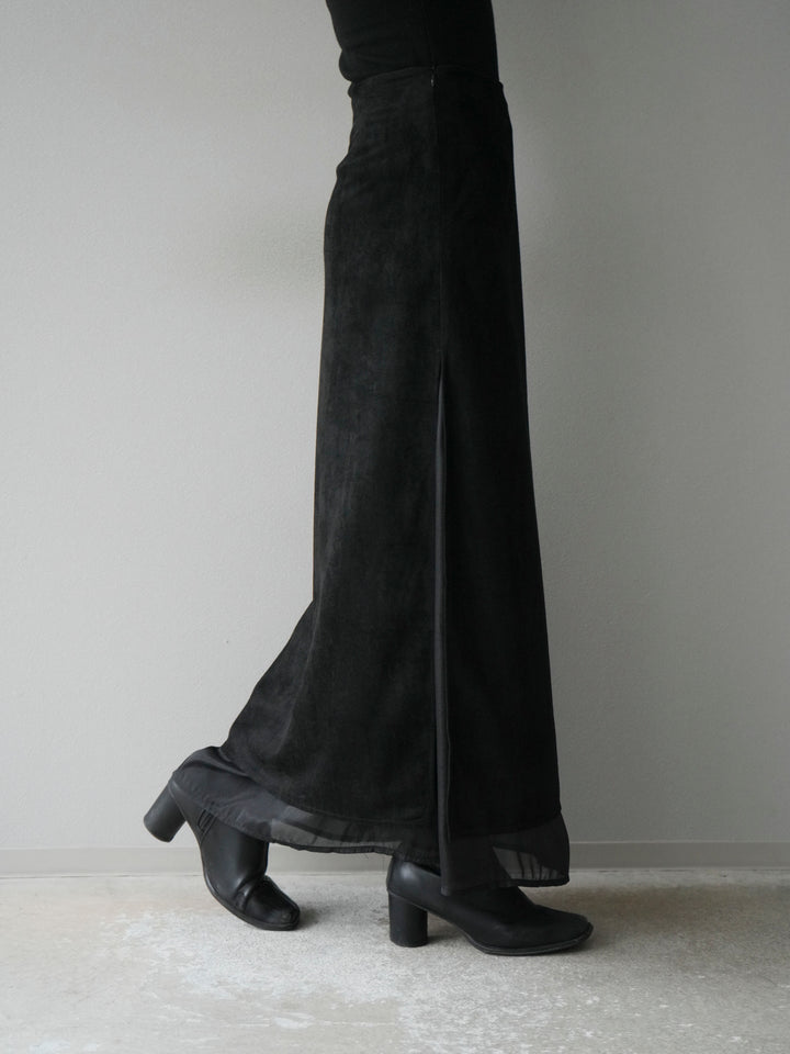 [予約]サイドスリットスウェードドッキングシフォンスカート/ブラック