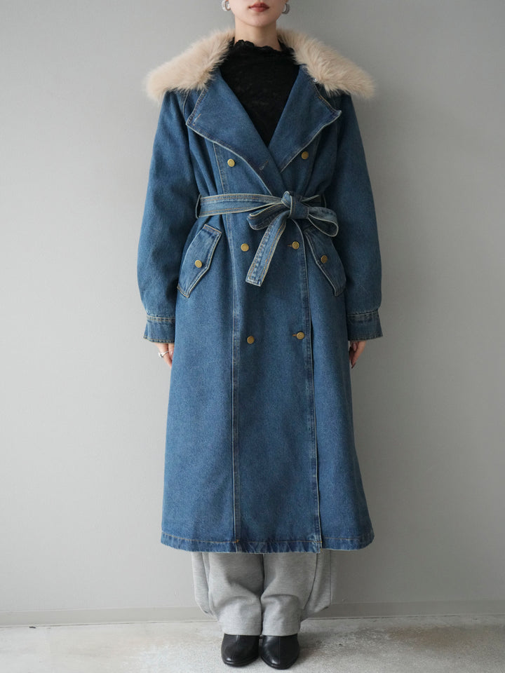 [予約]ファー襟デニムロングコート/blue