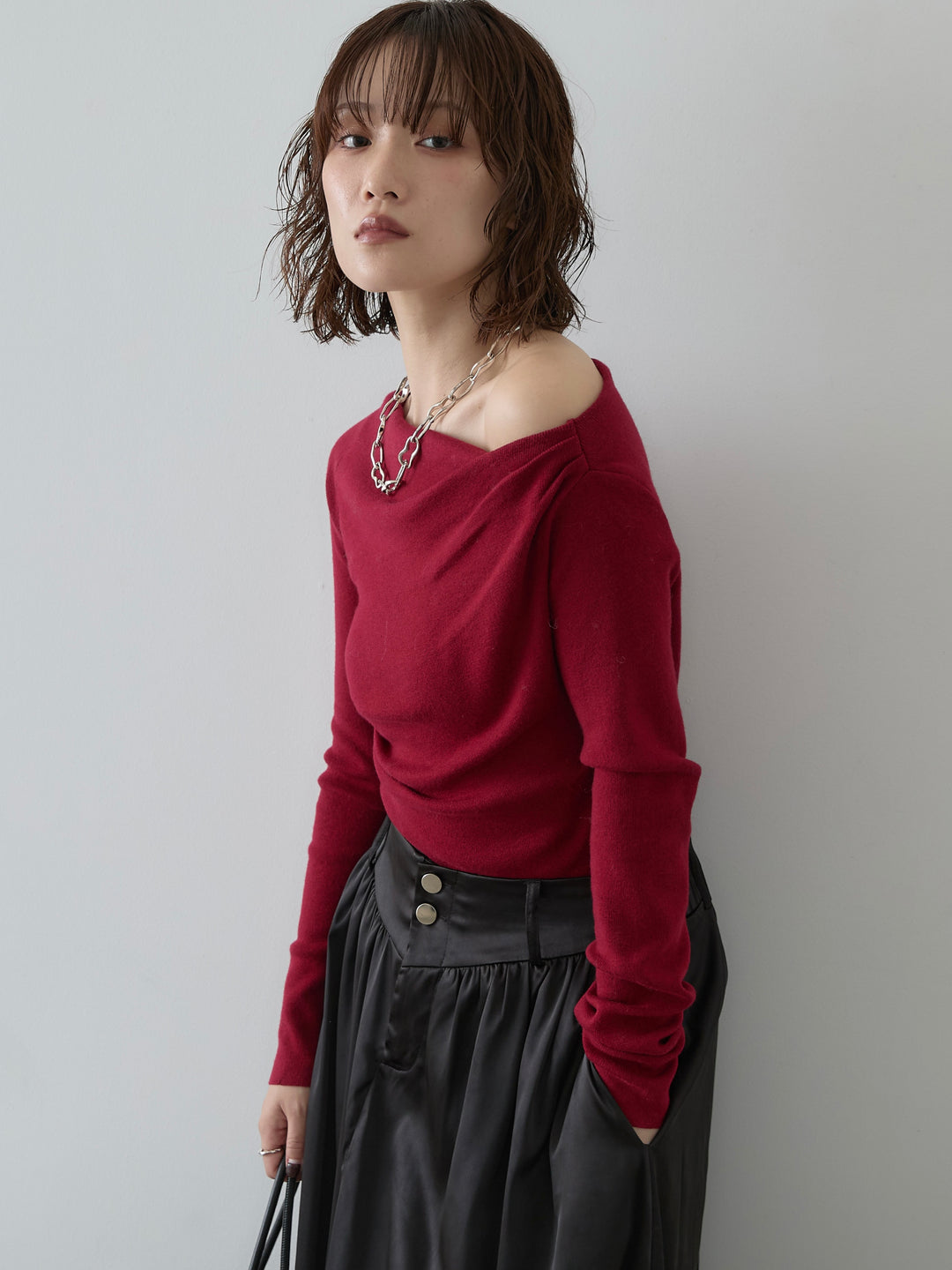 [予約]ドレープニットトップス/red
