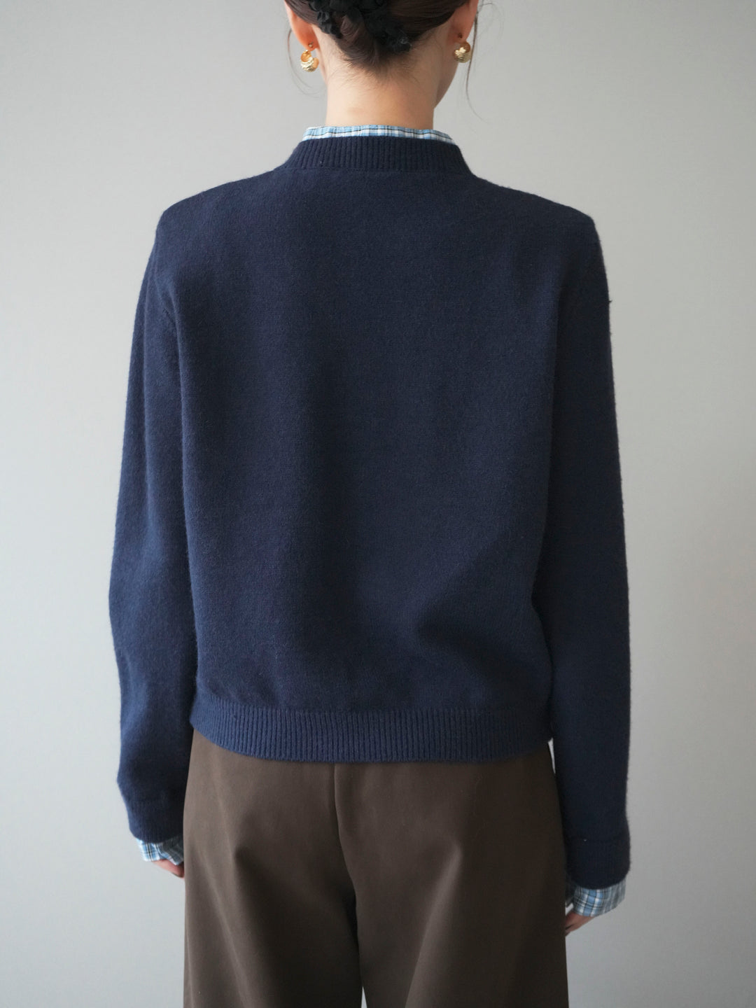 [予約]チェックシャツレイヤードデザインニットカーディガン/navy