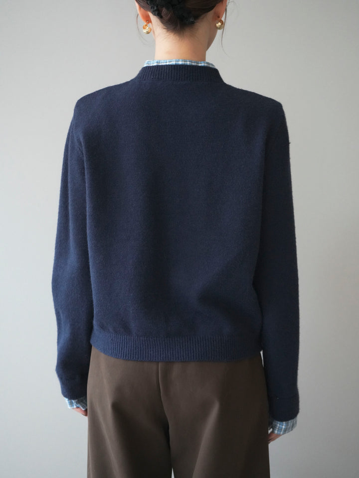[予約]チェックシャツレイヤードデザインニットカーディガン/navy