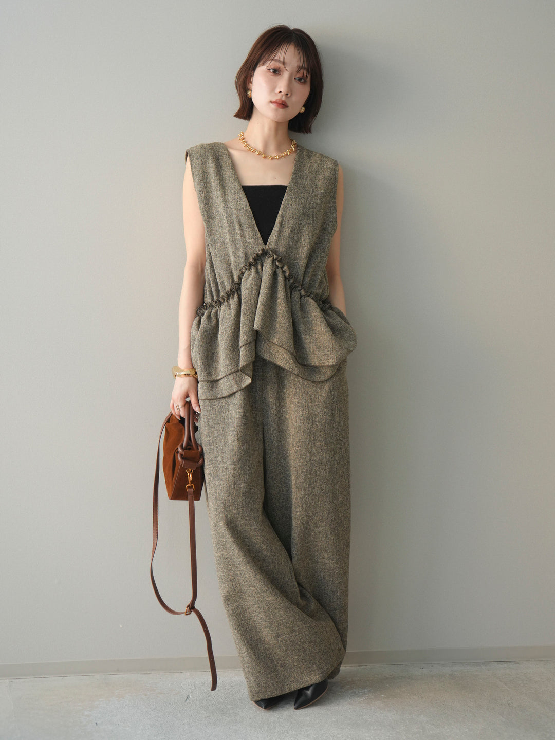 [SET]3WAYミックスツイードギャザーオールインワン+選べるアクセセット(2set)