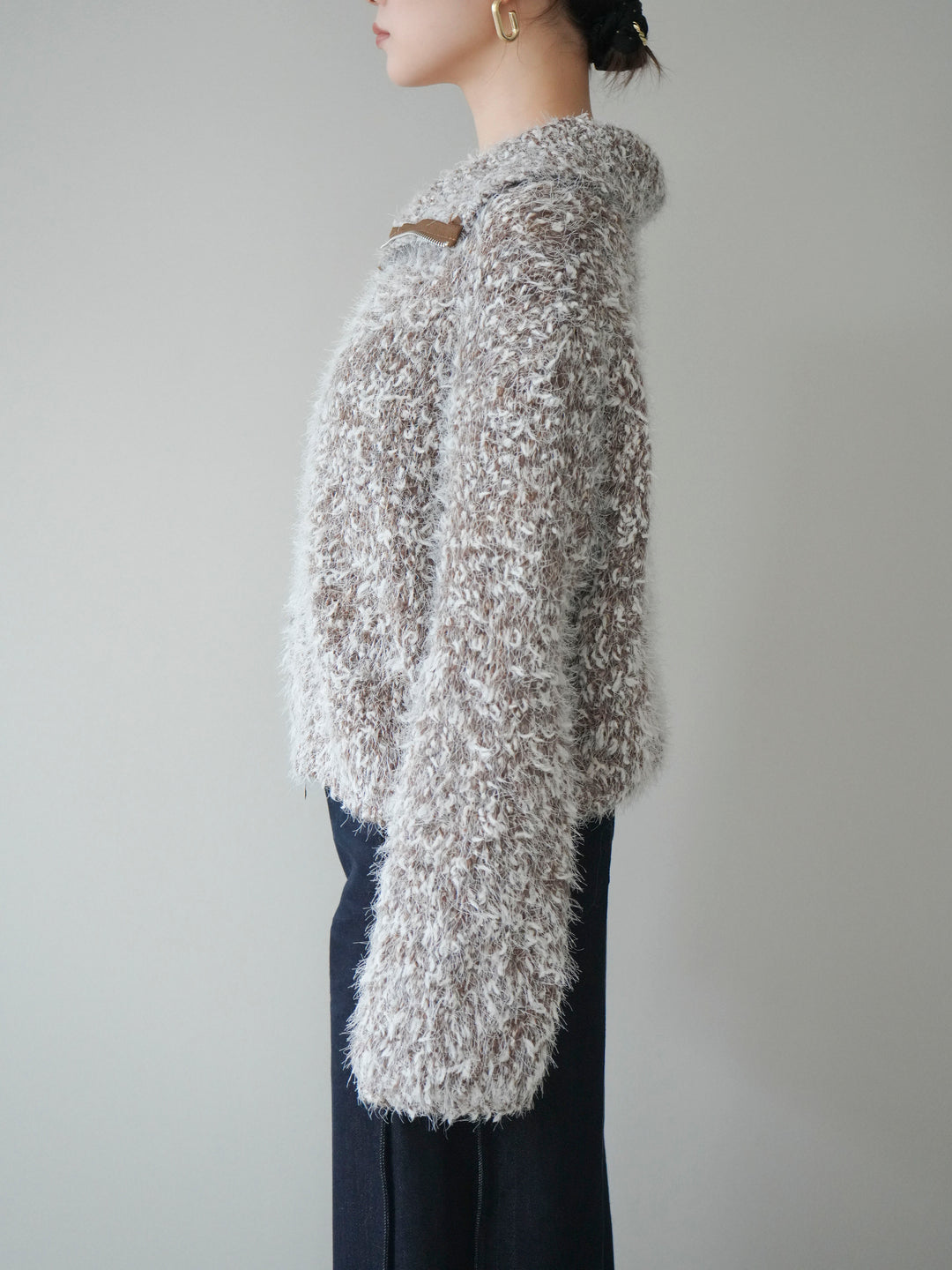 [予約]ミックスシャギージップニットカーディガン/brown