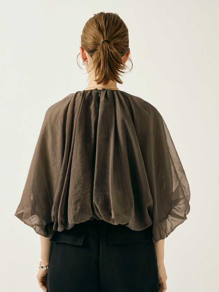 [予約]オーガンジーバルーンショートブラウス/チャコール