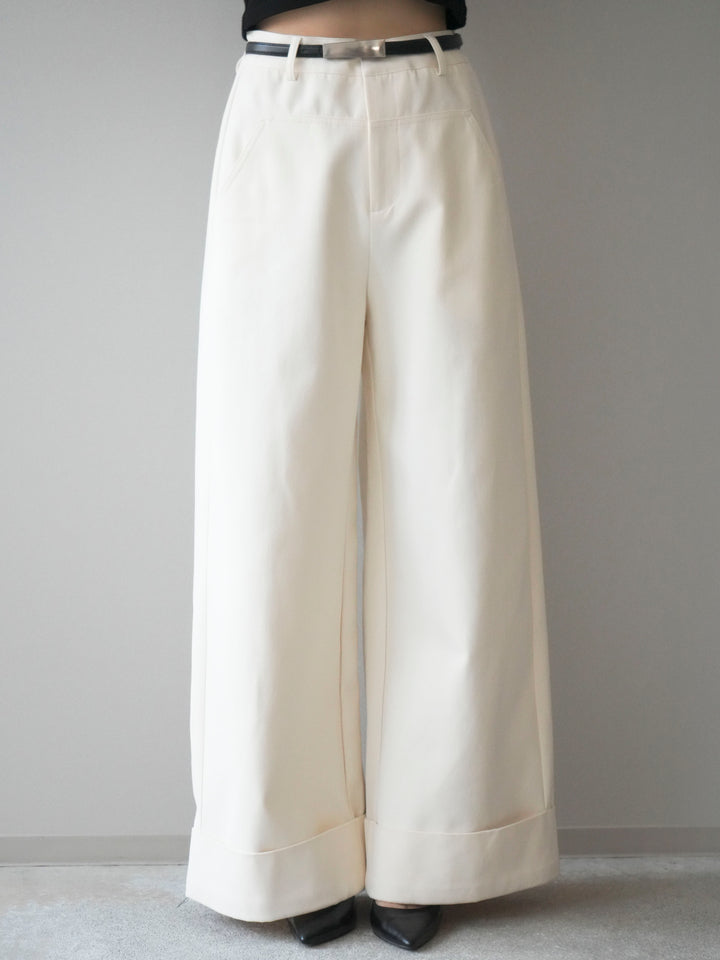 [予約]ベルト付き折り返しコットンツイルワイドパンツ/ivory