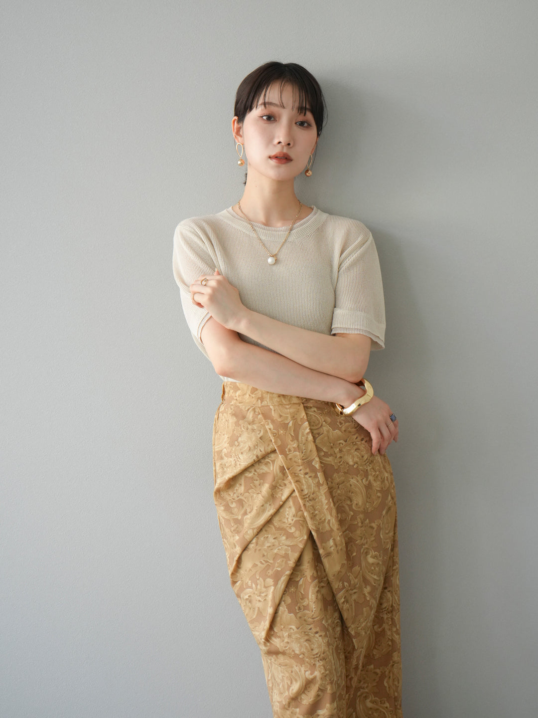 [SET]リネンタッチ配色二重臼ハーフニットトップス+選べるアソート柄スカートセット(2set)