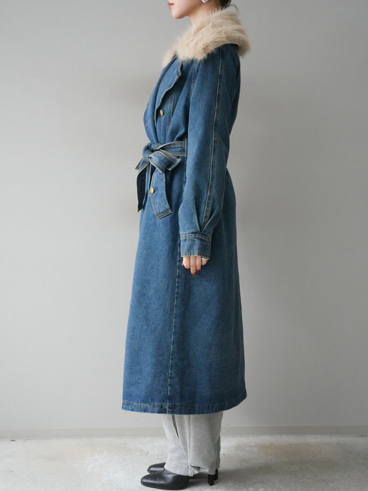 [予約]ファー襟デニムロングコート/blue
