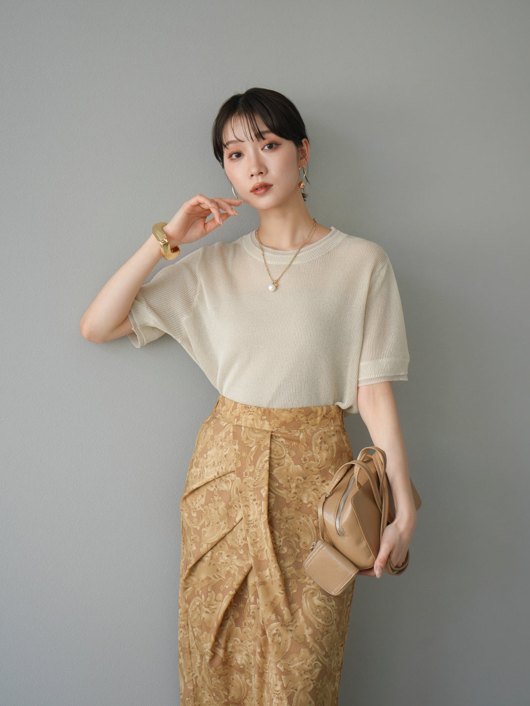 [SET]リネンタッチ配色二重臼ハーフニットトップス+選べるアソート柄スカートセット(2set)