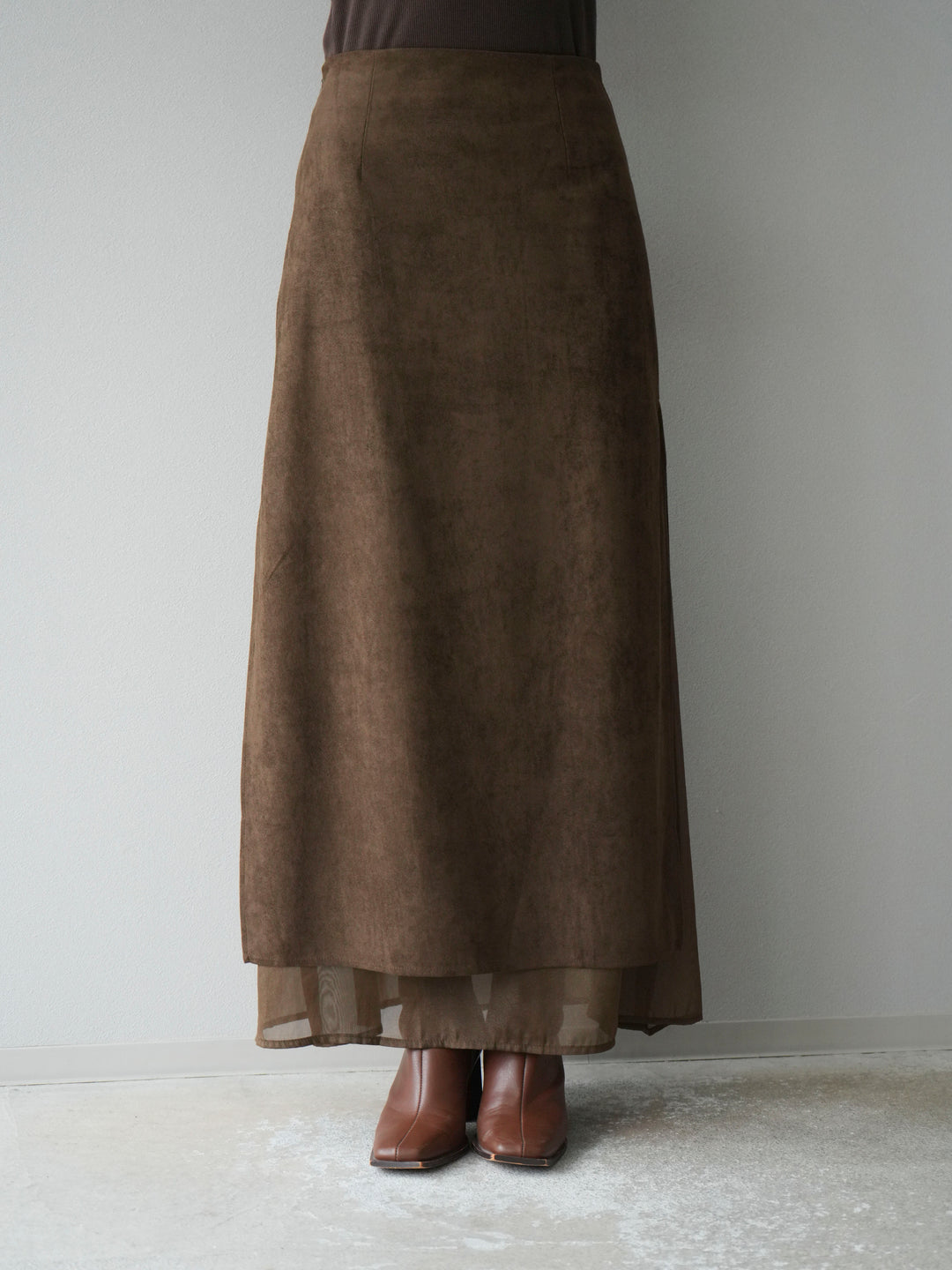 [予約]サイドスリットスウェードドッキングシフォンスカート/ブラウン