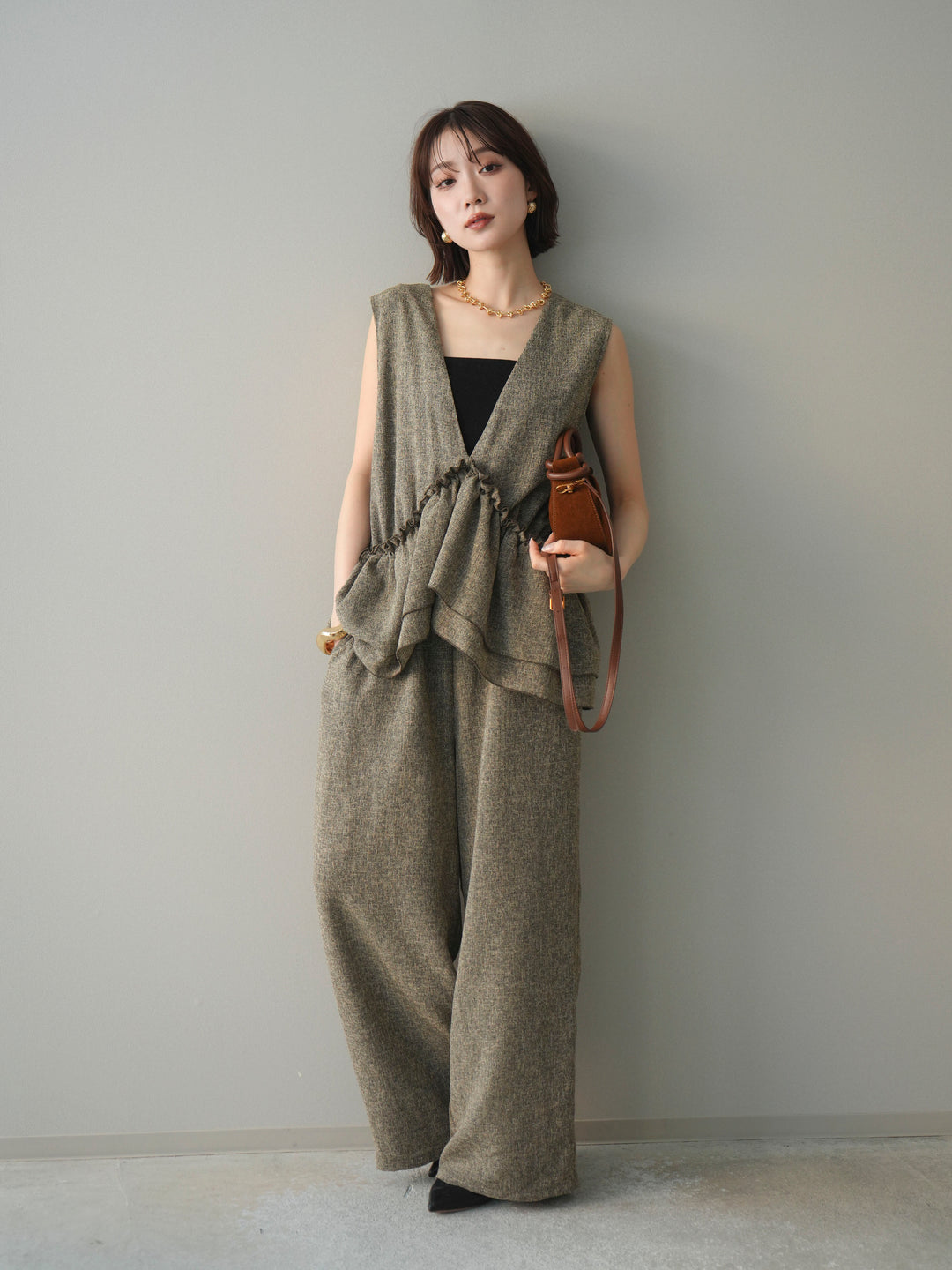 [SET]3WAYミックスツイードギャザーオールインワン+選べるアクセセット(2set)