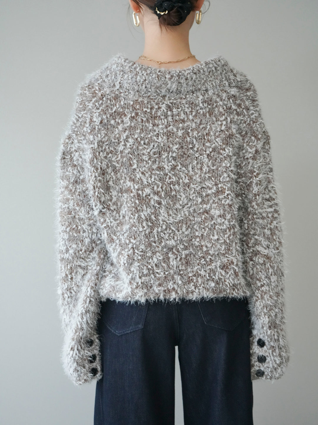 [予約]ミックスシャギージップニットカーディガン/brown