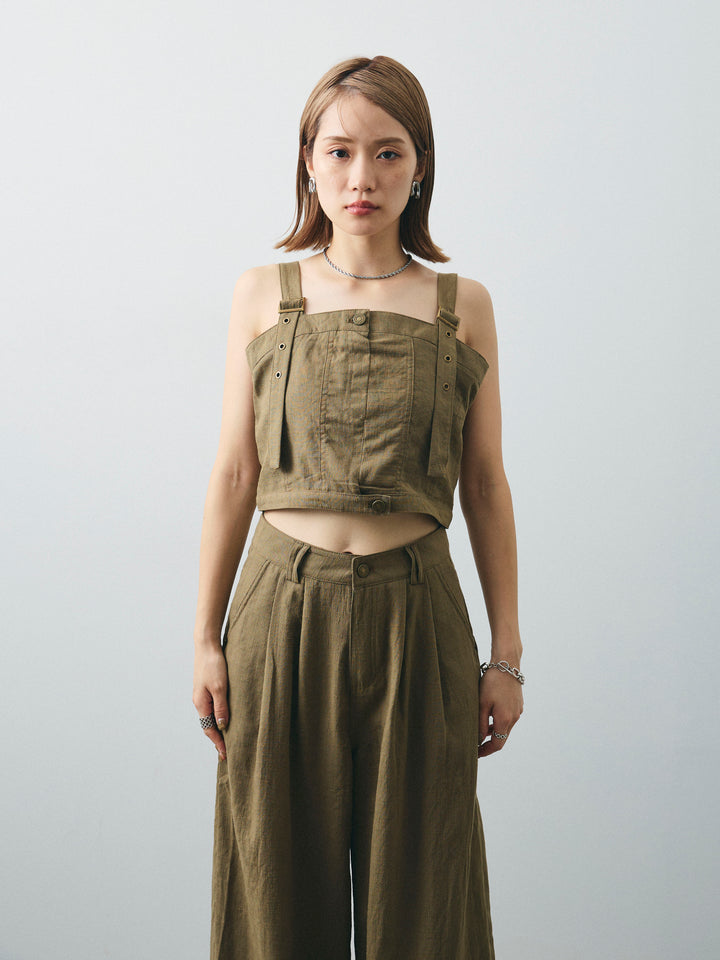 [SET] 亞麻感緊身胸衣＆寬褲套裝（2件套）