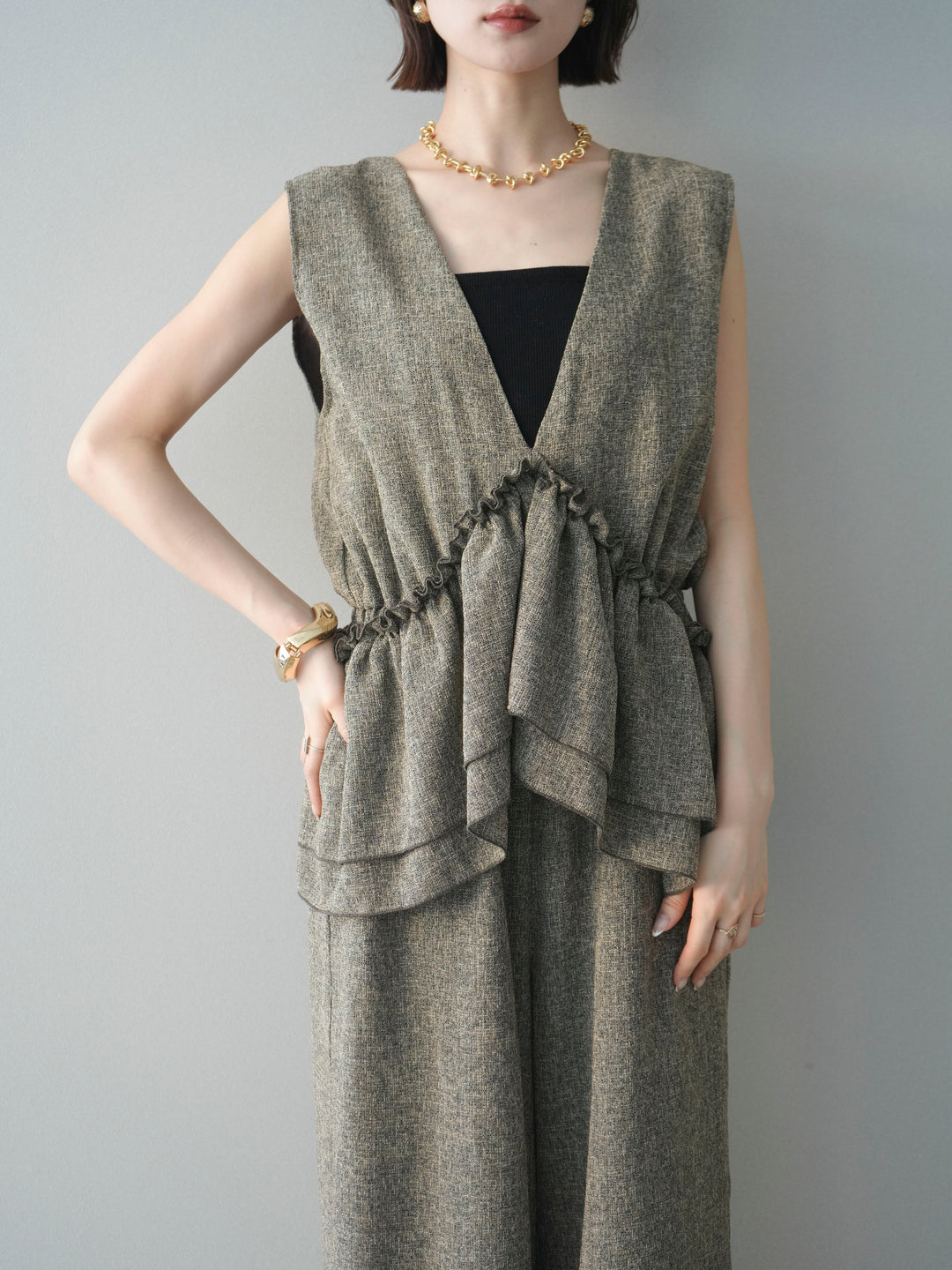 [SET]3WAYミックスツイードギャザーオールインワン+選べるアクセセット(2set)