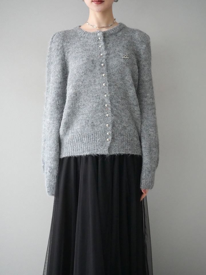 [予約]ブローチ付silverボタンミックスニットカーディガン/gray