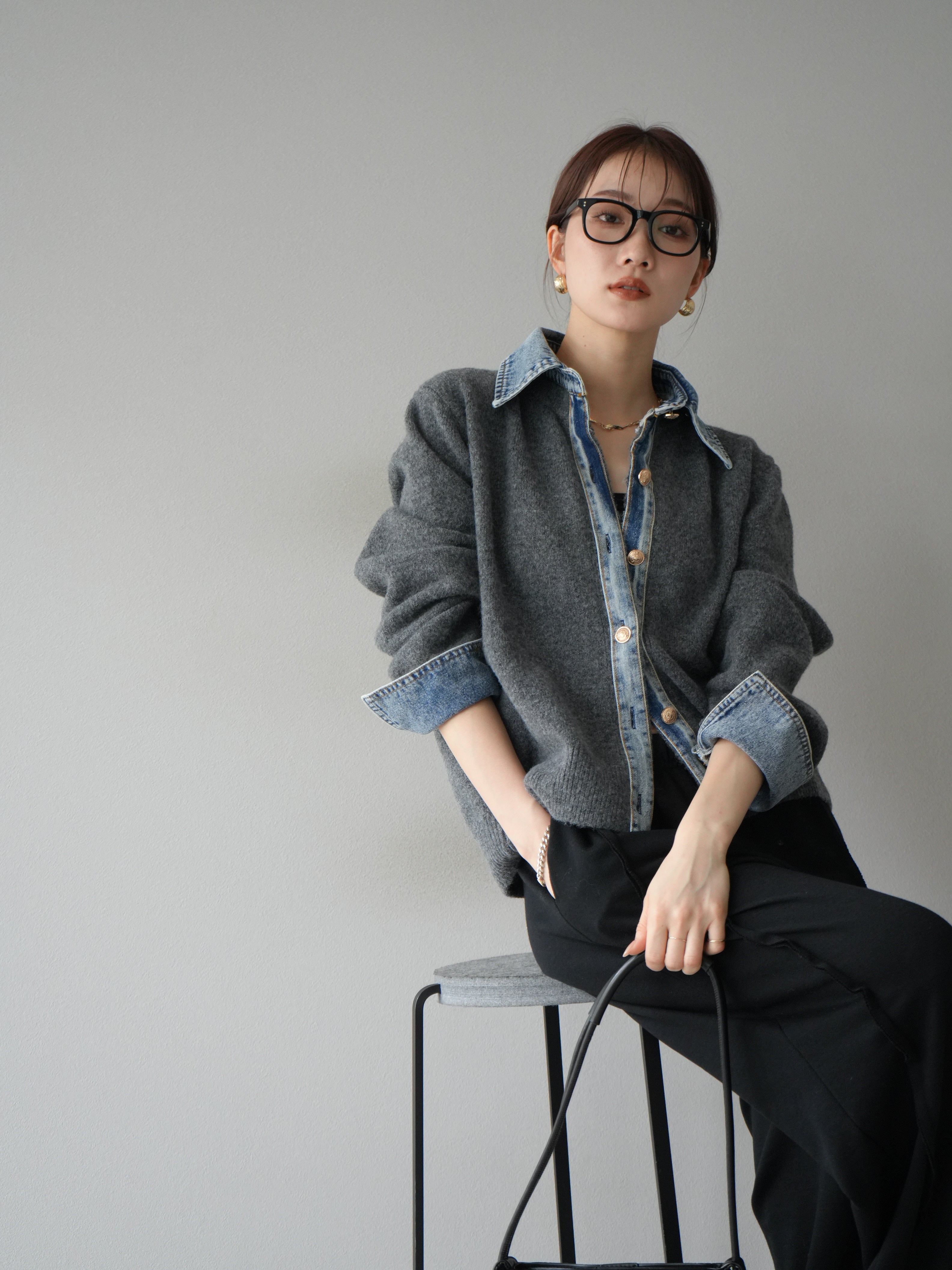 SET]デニム襟ボタンニットカーディガン+デニム襟ボタンニット