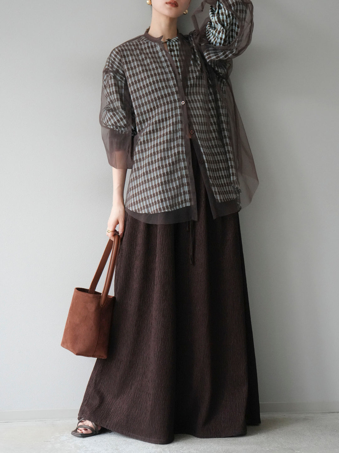 [予約]チェック柄2WAYスリーブバンドカラーシャツ/ブルーブラウン