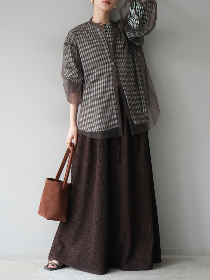 [予約]チェック柄2WAYスリーブバンドカラーシャツ/ブルーブラウン