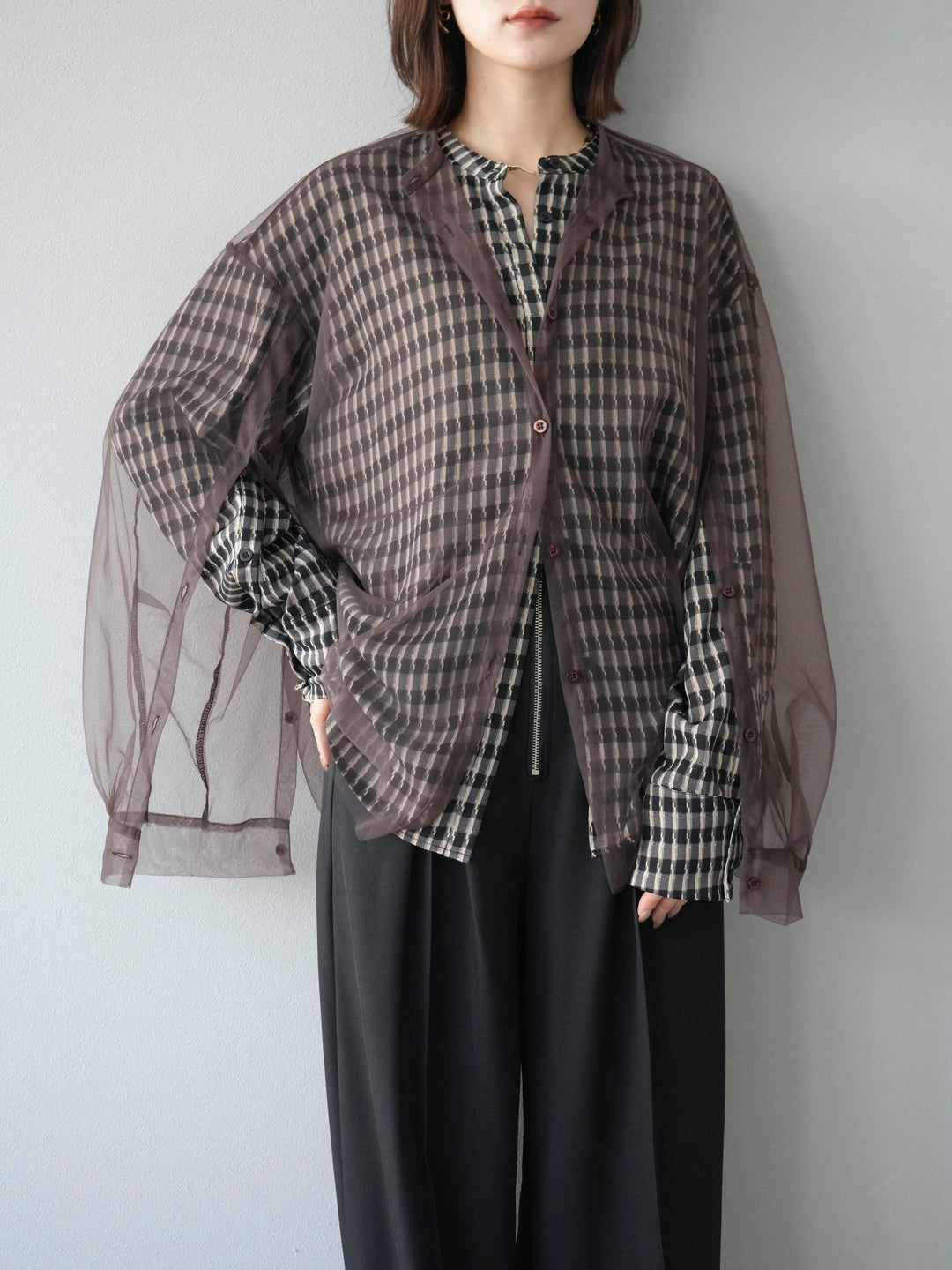[予約]チェック柄2WAYスリーブバンドカラーシャツ/ベージュブラック