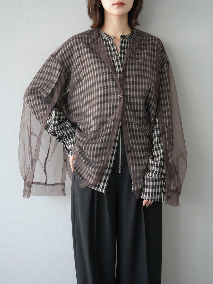 [予約]チェック柄2WAYスリーブバンドカラーシャツ/ベージュブラック