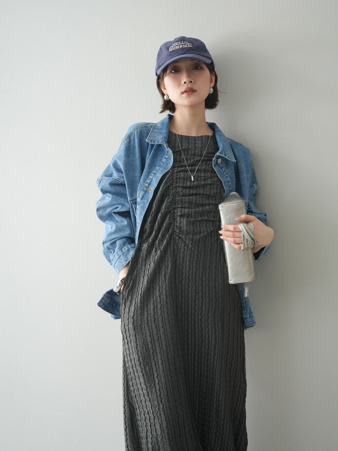 [SET]シャーリングジャガードノースリーブワンピース+ルーズシルエットデニムジャケット(2set)