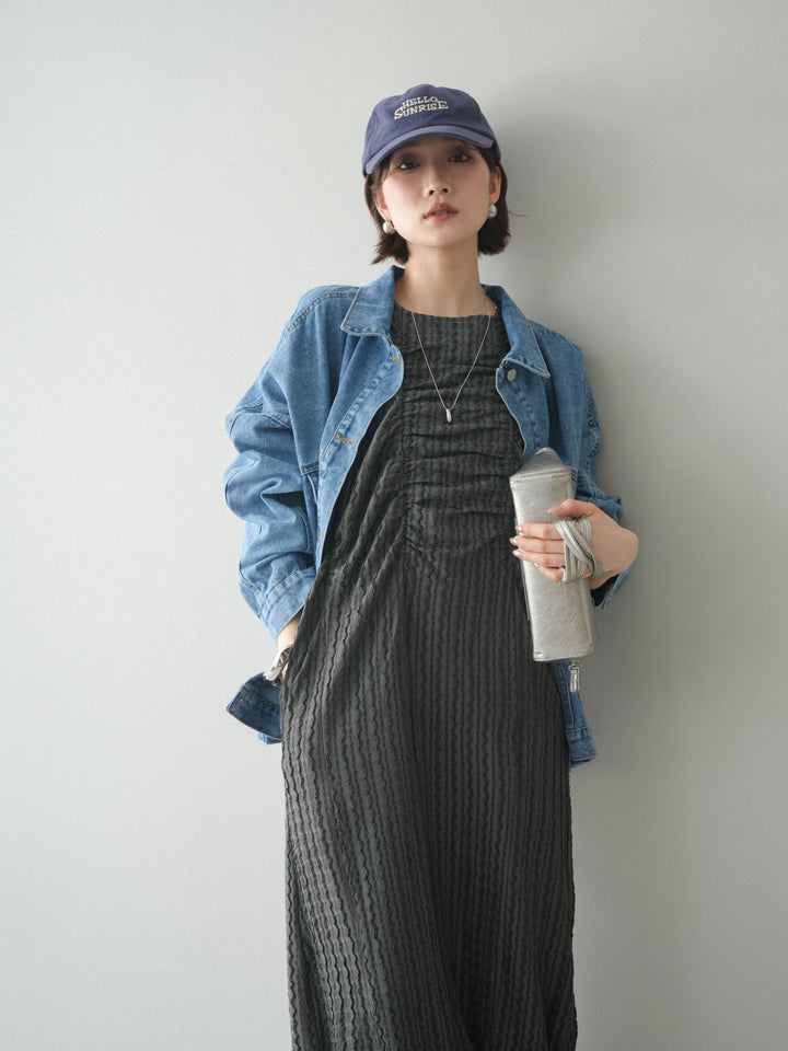 [SET]シャーリングジャガードノースリーブワンピース+ルーズシルエットデニムジャケット(2set)