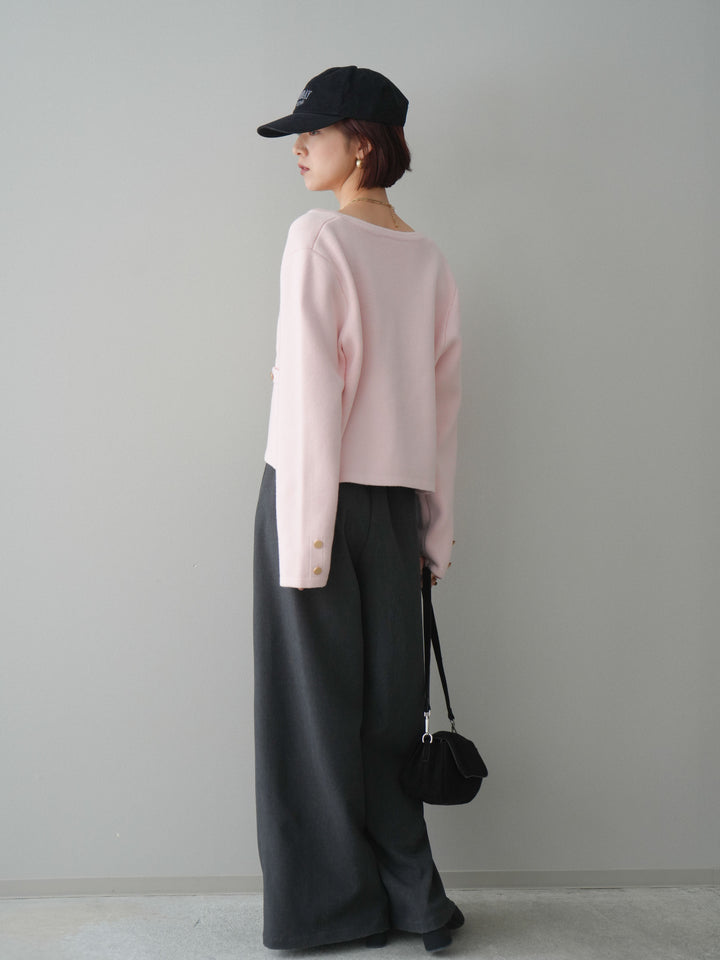 [SET]ゴールドボタンノーカラーニットジャケット+サテンベルトタックワイドパンツ(2set)
