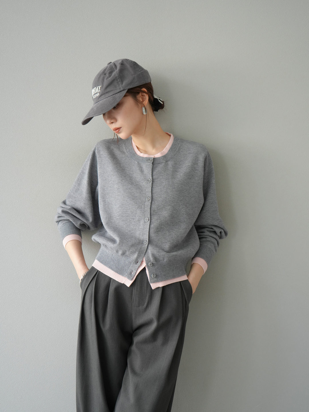 【預購】顏色協調的多層開襟衫/灰色