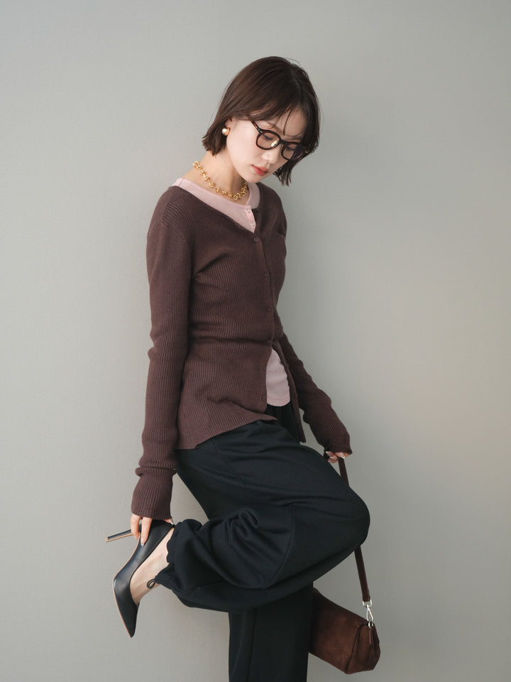 [予約]前後2WAYリブ編みクルーネックカーディガン/darkbrown
