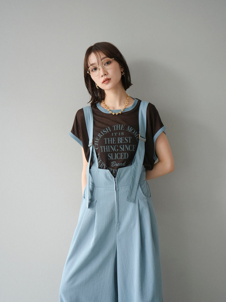 [SET]ストリングデザインハイウエストサロペット+シアーフライス ロゴプリントT (2set)