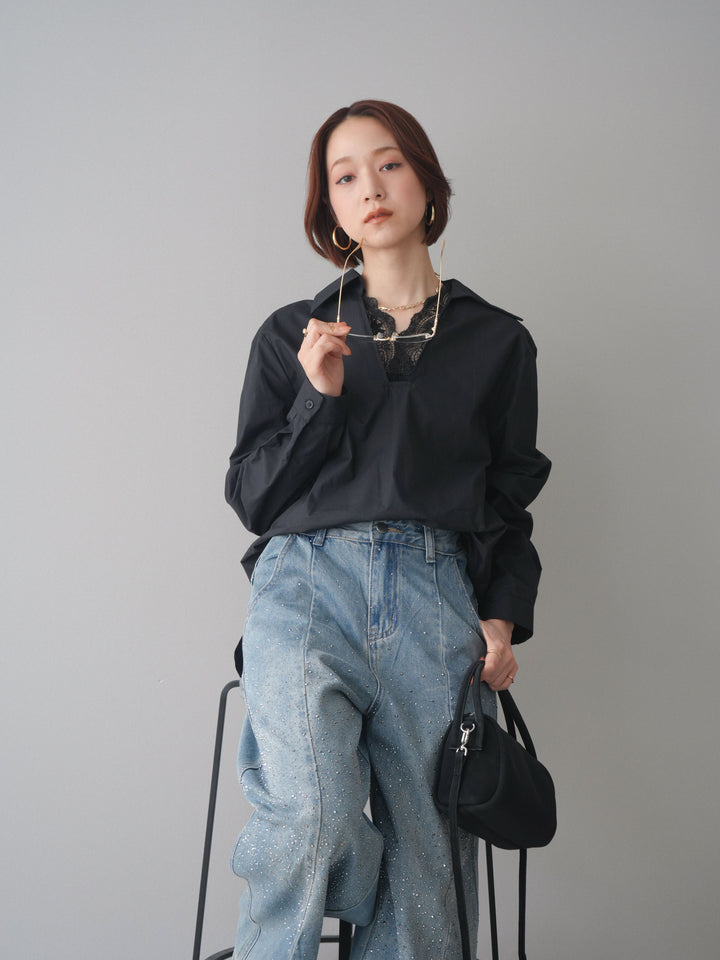 [SET]レースネックスキッパーブラウス+フロントビジューカーブデニムパンツ(2set)