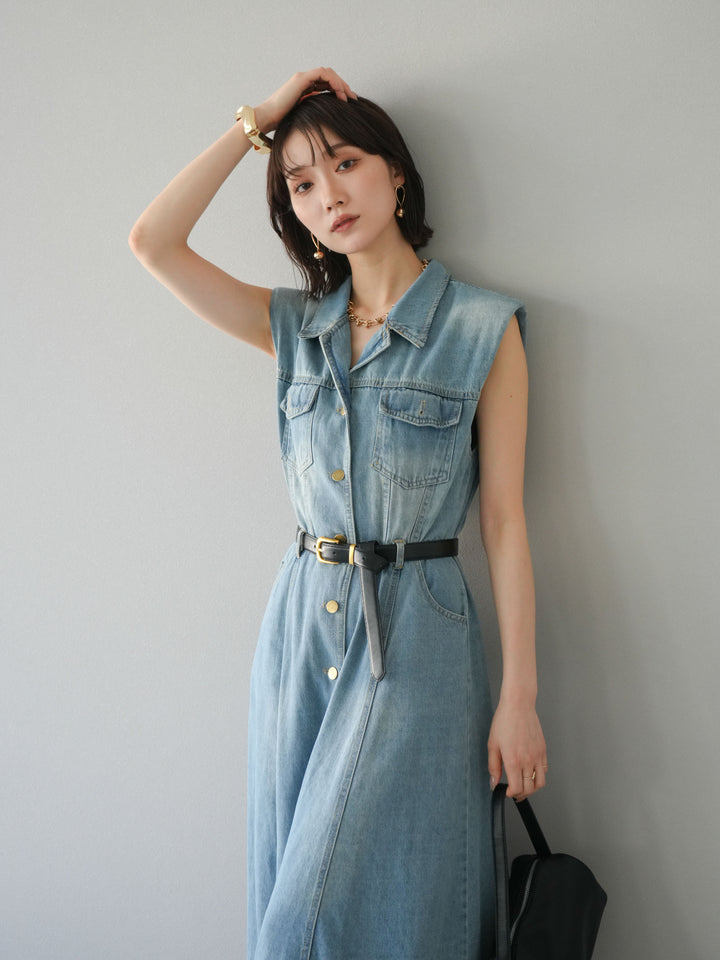 [予約]ベルト付デニムシャツデザインワンピース/ライトブルー