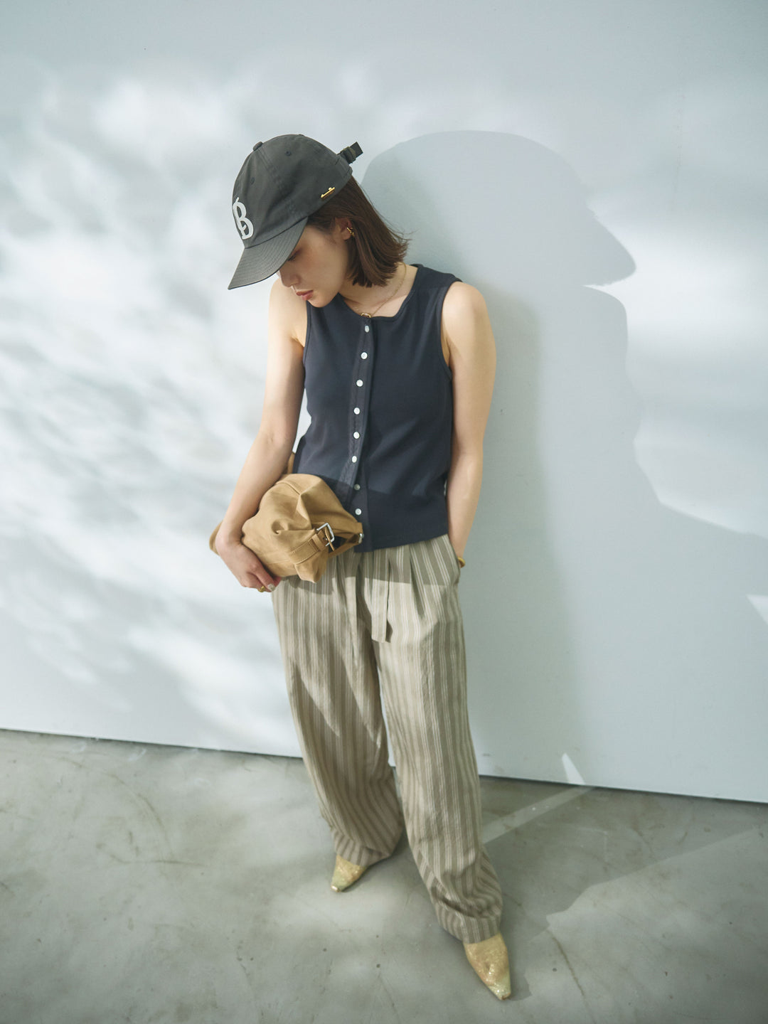 【Allure】[SET]フロントボタンテレコリブタンクトップ+ストライプイージーパンツ(2set)