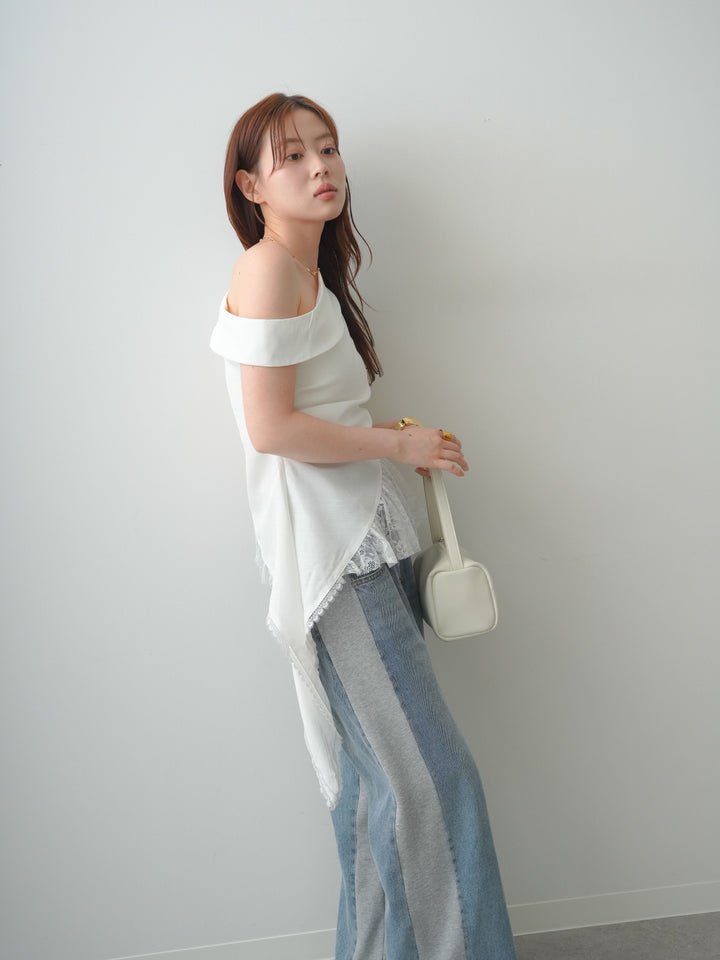 [SET]アシンメトリーラッフルレースヘムトップス+デニム切替スウェットパンツ(2set)