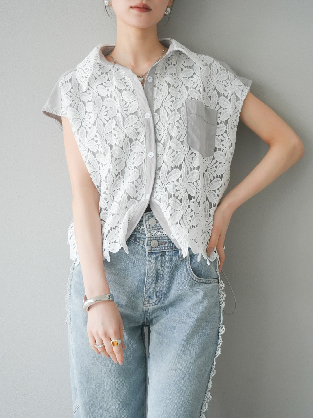 [予約]レースレイヤードドロストシャツ/グレー