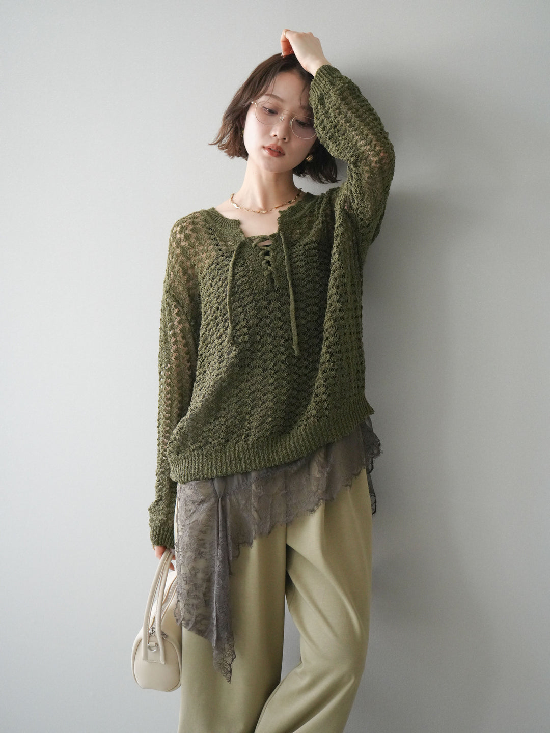 [予約]パネルメッシュニットトップス/khaki