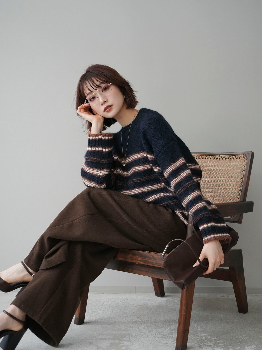 [予約]ステッチボーダーニットプルオーバー/navy