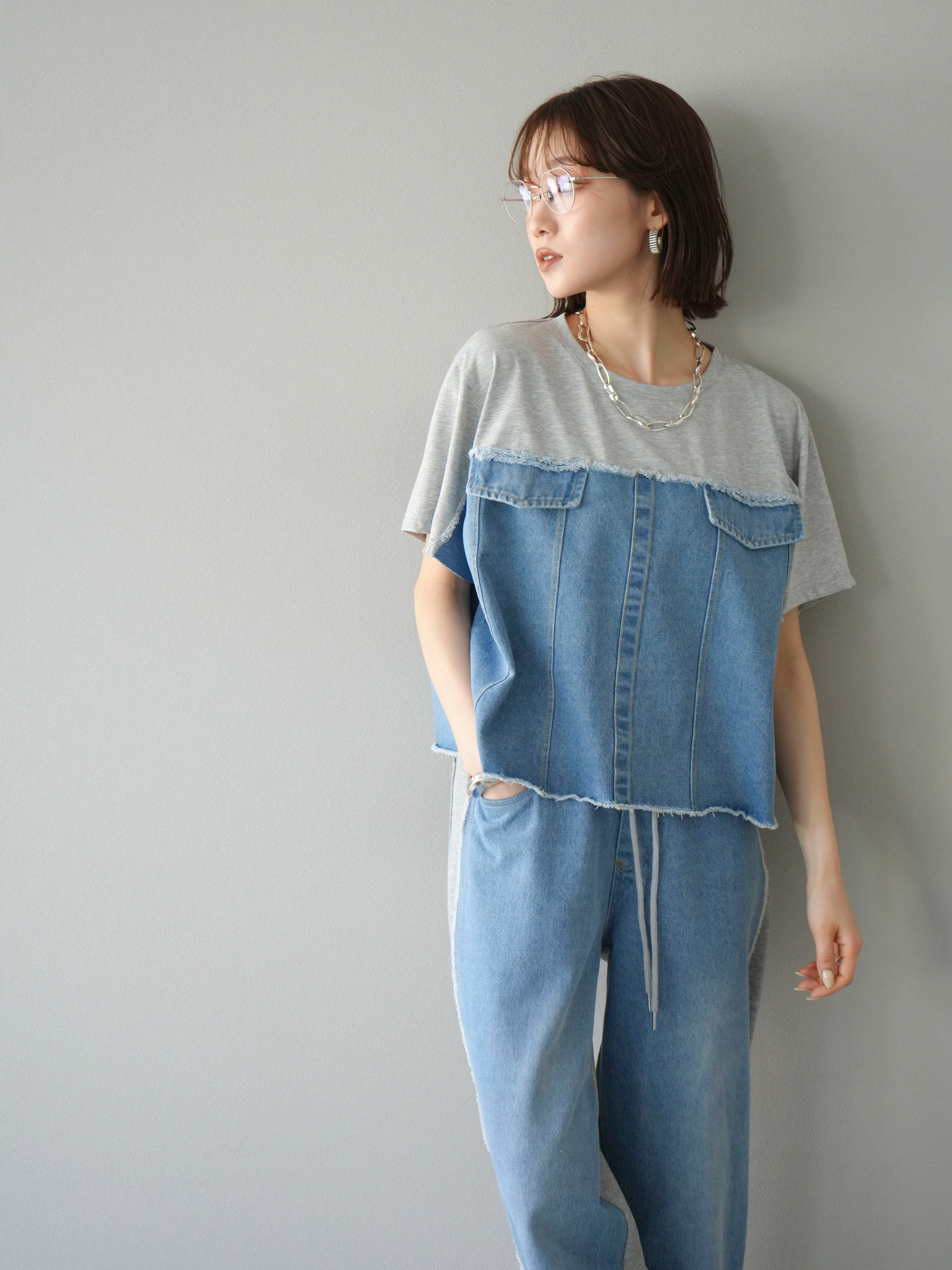 SET]デニムドッキングTシャツ+デニムドッキングスウェットパンツ(2set