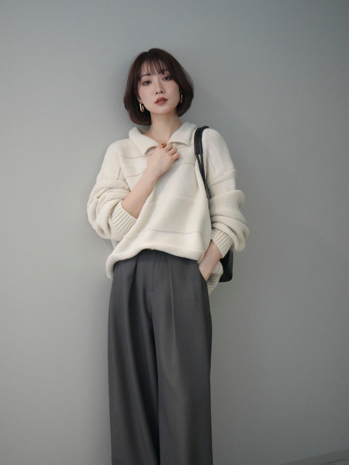 [SET]襟付きボーダー編みニットプルオーバー+ベルトループデザインワイドパンツ(2set)