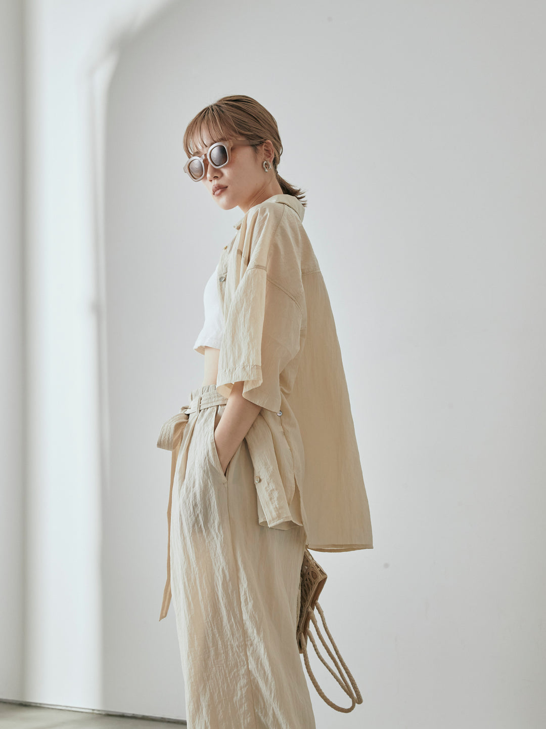 【預購】2WAY尼龍墊圈半身襯衫/奶油色