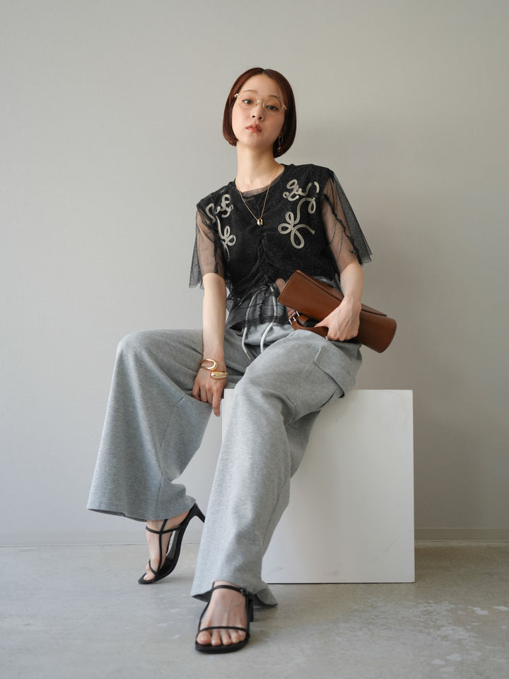 [SET]ラメチュールシャーリングプルオーバー+コード刺繍フレンチスリーブTシャツ+ウエストラインサイドポケットスウェットパンツ(3set)