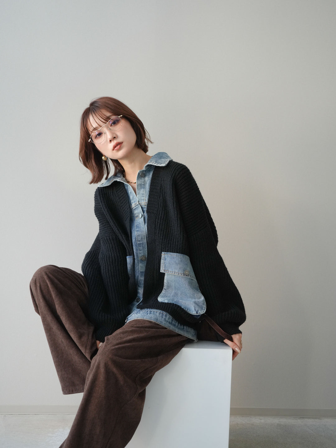 [SET]デニムドッキングオーバーニットジャケット+コーデュロイサイドタックコクーンパンツ(2set)