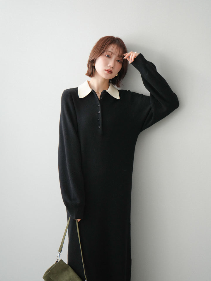 [予約]配色ポロニットワンピース/black