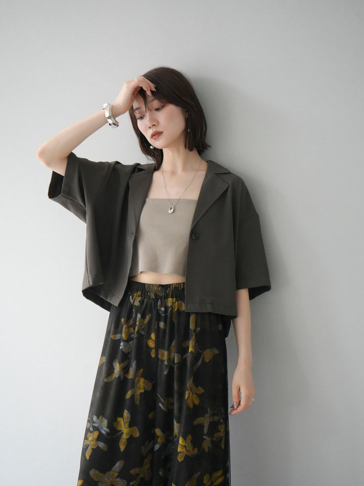 [SET]ハーフショートジャケット+フラワープリントチュールレイヤードパンツ(2set)