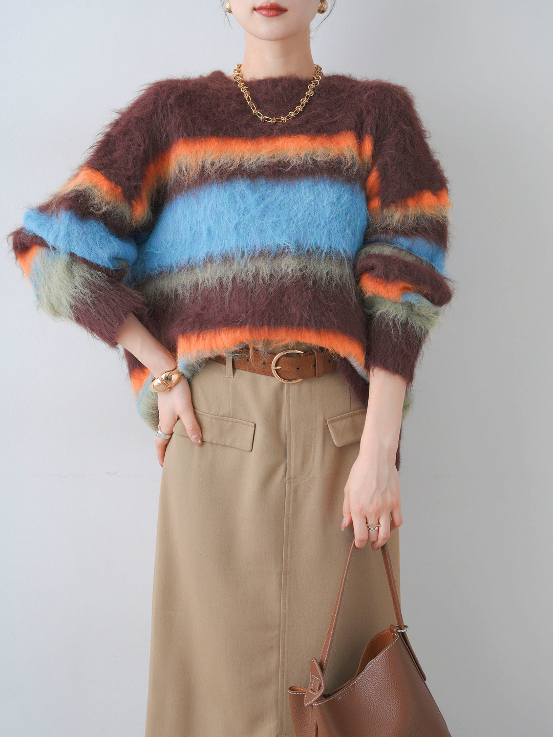 [予約]カラフルボーダーシャギーニットプルオーバー/brown