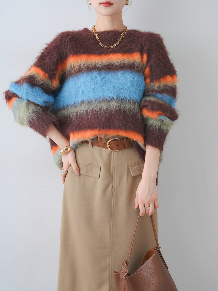 [予約]カラフルボーダーシャギーニットプルオーバー/brown