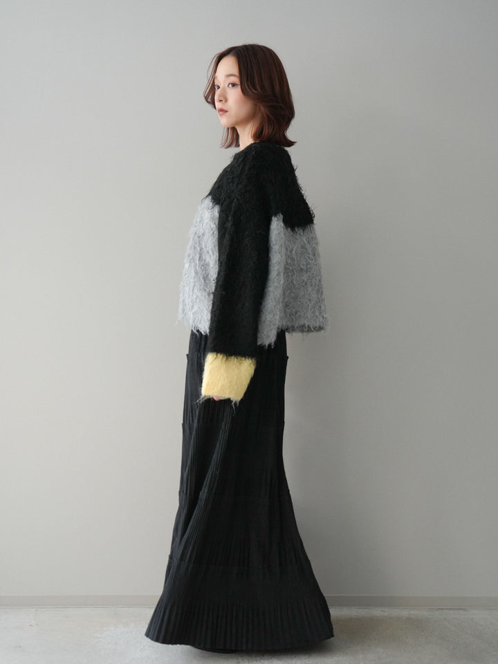 [SET]バイカラーモヘアタッチニットプルオーバー+型押しスエードティアードプリーツスカート(2set)