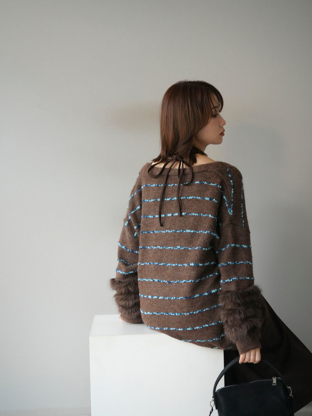 [予約]フェザーライン配色シャギーニットカーディガン/ブラウン