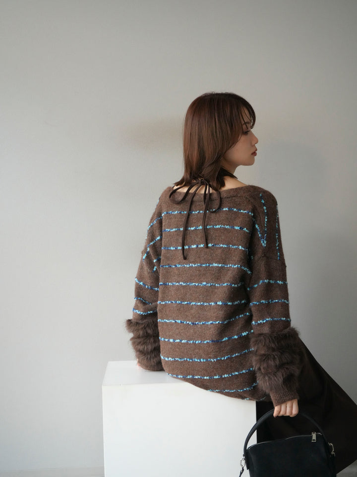 [予約]フェザーライン配色シャギーニットカーディガン/ブラウン